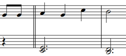 Partitura con la frase Sol, Sol, La, Sol, Re, Do