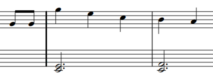 Partitura con la frase Sol, Sol (octava baja), Sol (octava alta), Mi, Do, Si, La