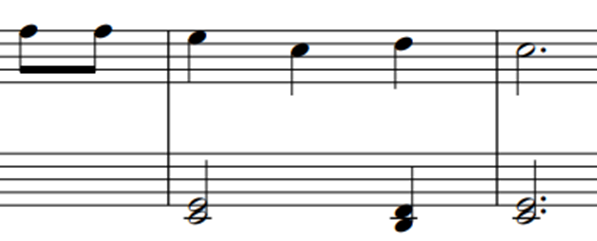 Partitura con la frase Fa, Fa, Mi, Do, Re, Do