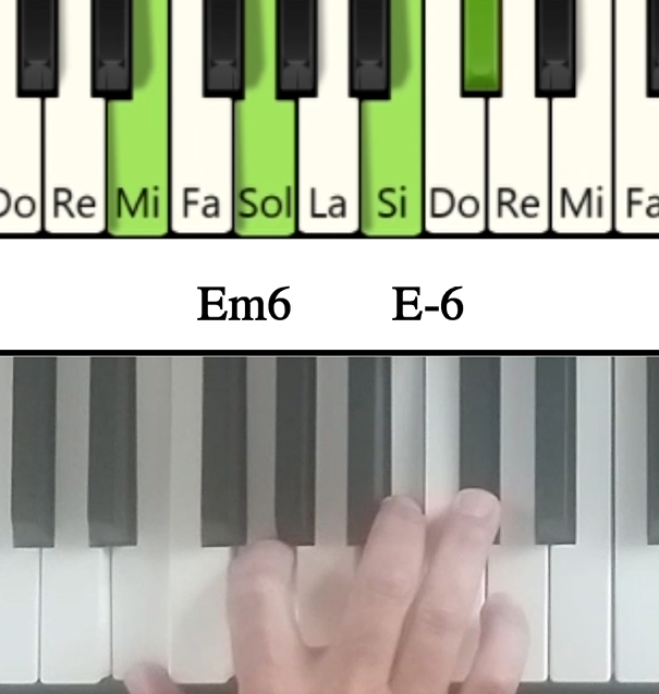 Imagen de las notas en el piano del acorde Mi mayor sexta y su cifrado americano
