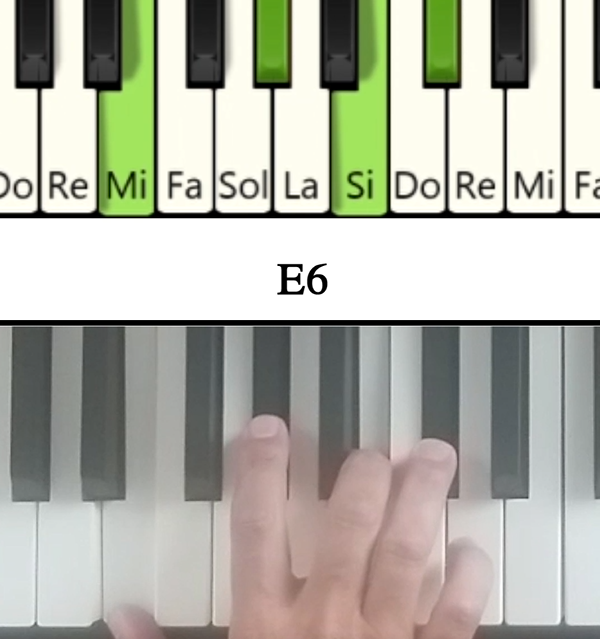 Imagen de las notas en el piano del acorde Mi mayor sexta y su cifrado americano