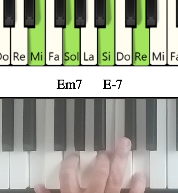 Imagen de las notas en el piano del acorde Mi menor séptima y su cifrado americano