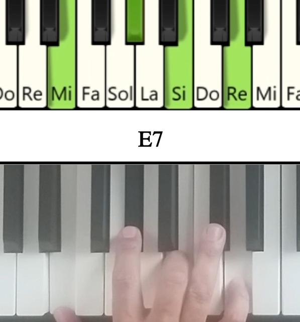 Imagen de las notas en el piano del acorde Mi séptima y su cifrado americano
