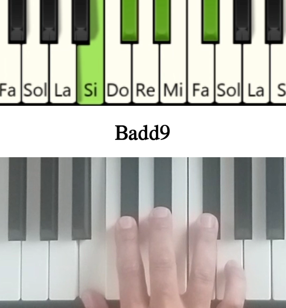 Imagen de las notas en el piano del acorde Si mayor con novena añadida y su cifrado americano