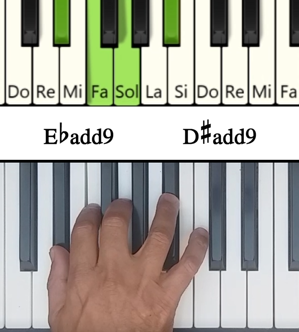 Imagen de las notas en el piano del acorde Mib Mayor con Novena Añadida (Ebadd9)