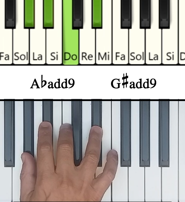 Imagen de las notas en el piano del acorde Lab Mayor con Novena Añadida (Abadd9)
